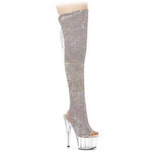 Pleaser Adore-3019C-RS AB Rhinestones Women's Thigh High Boots Silver / Clear | NZ ZVAWXU