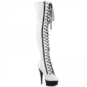 Pleaser Delight-3029 Women's Thigh High Boots White / Black | NZ KEPUNG