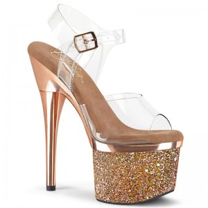 Pleaser Esteem-708CHLG Women's Platform Heels Sandals Rose Gold / Clear | NZ ZRPDVL