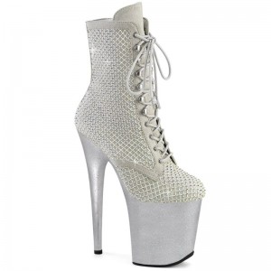 Pleaser Flamingo-1020RM Faux Suede Rhinestone Mesh Women's Heels Boots Silver | NZ OSJNXT