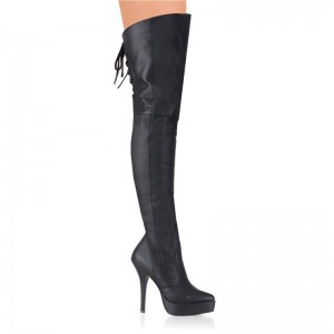 Pleaser Indulge-3011 Leather Women's Thigh High Boots Black | NZ URWYZA