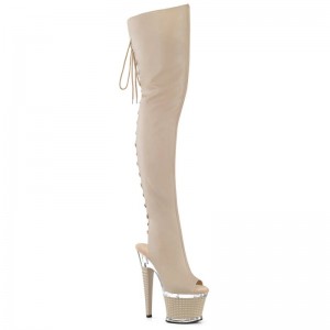 Pleaser Spectator-3030 Faux Leather Women's Thigh High Boots Beige / Clear | NZ YNSUBT
