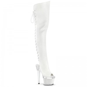 Pleaser Spectator-3030 Faux Leather Women's Thigh High Boots White / Clear | NZ JZDBML