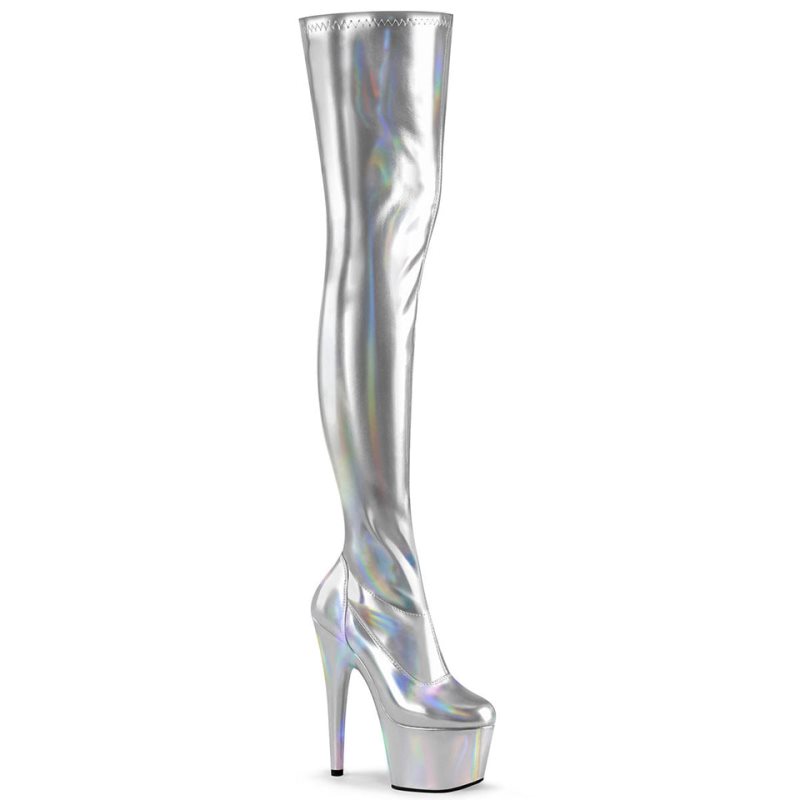 Pleaser Adore-3000HWR Hologram Women\'s Thigh High Boots Silver | NZ HDMROL