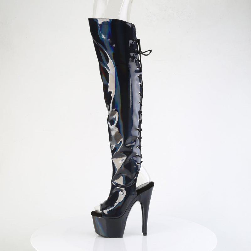 Pleaser Adore-3019HWR Stretch Holo Women's Thigh High Boots Black | NZ IKDRUC