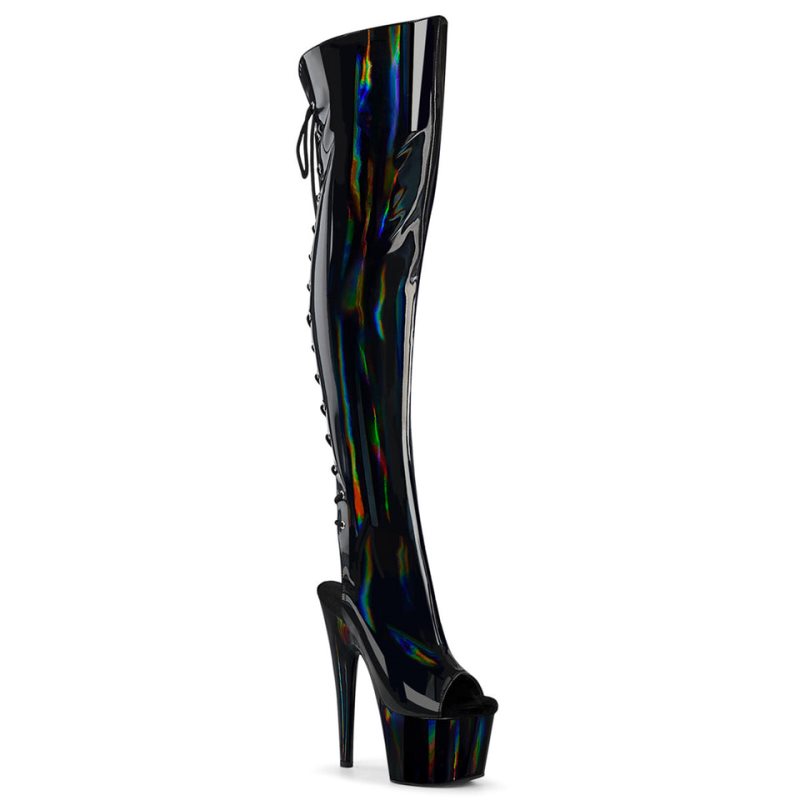 Pleaser Adore-3019HWR Stretch Holo Women\'s Thigh High Boots Black | NZ IKDRUC