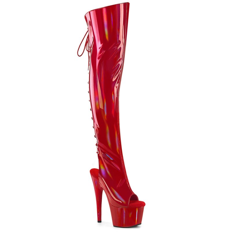 Pleaser Adore-3019HWR Stretch Holo Women\'s Thigh High Boots Red | NZ MRDUHT