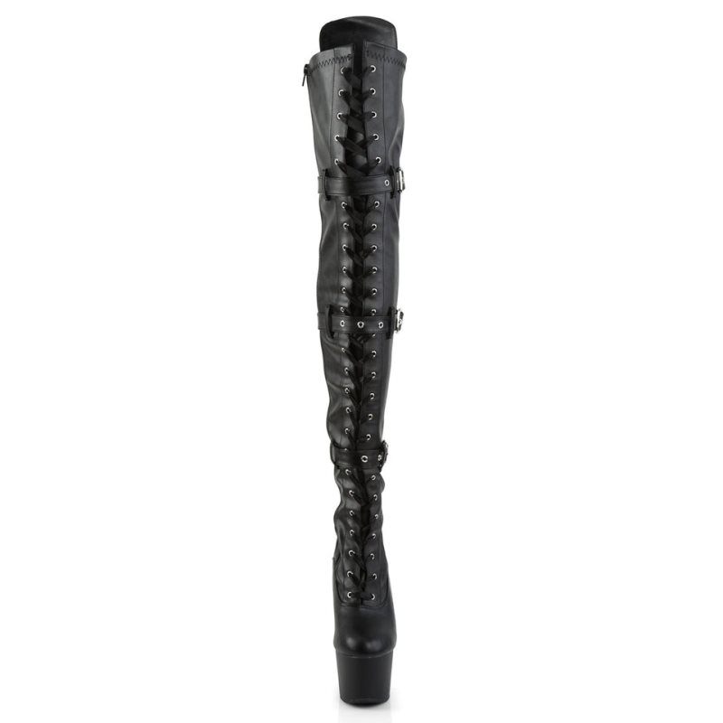 Pleaser Adore-3028 Vegan Leather Women's Thigh High Boots Black | NZ YMSWTU