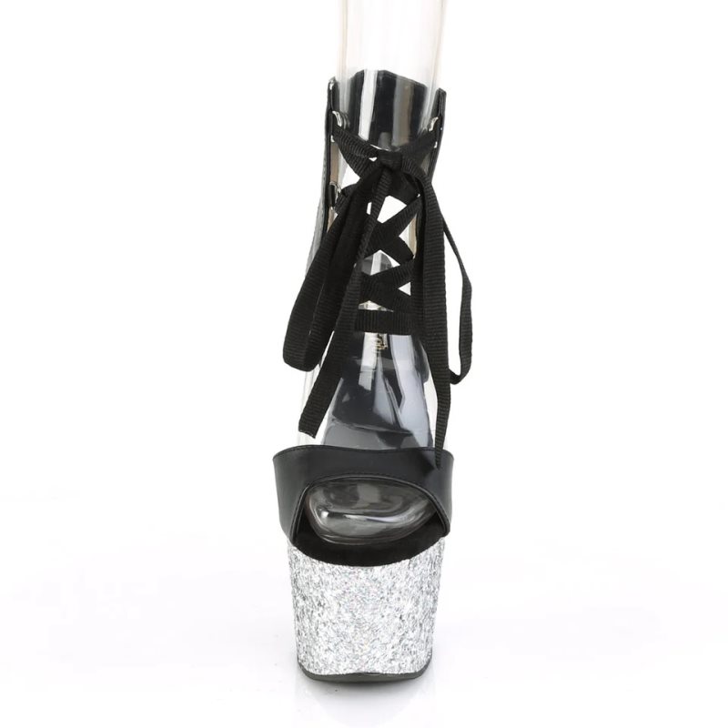 Pleaser Adore-700-14LG Vegan Leather Women's Platform Heels Sandals Black / Silver | NZ BAZNLW