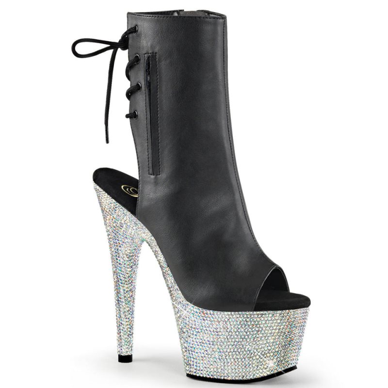 Pleaser Bejeweled-1018DM-7 Vegan Leather Women\'s Heels Boots Black / Silver | NZ KJUYDW