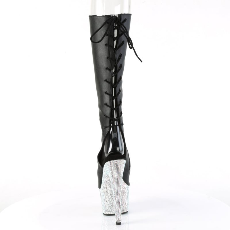 Pleaser Bejeweled-2018-7 Vegan Leather Women's Knee-high Boots Black / Silver | NZ TJAZXW
