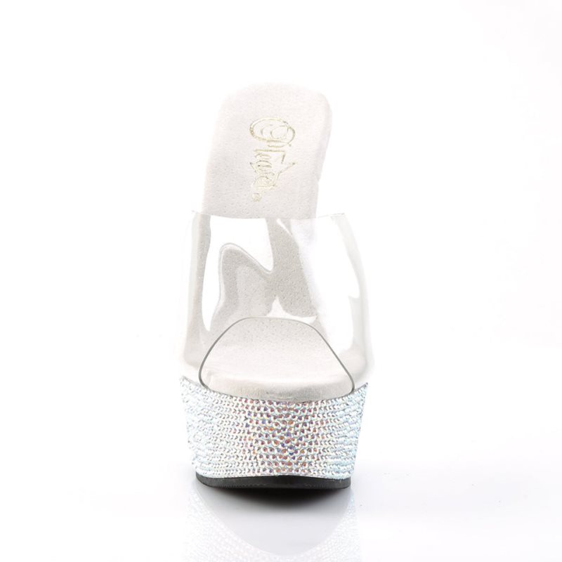 Pleaser Bejeweled-601DM Women's Platform Slides Silver / Clear | NZ OVBNUY