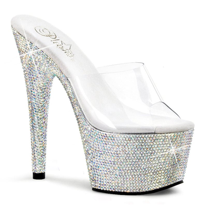 Pleaser Bejeweled-701DM Women\'s Platform Slides Silver / Clear | NZ BPINWE