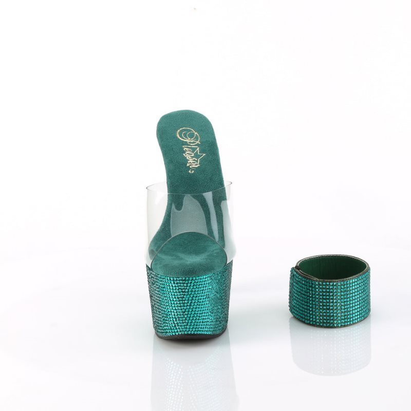 Pleaser Bejeweled-712RS Rhinestones Women's Platform Slides Green / Clear | NZ YPMJWK