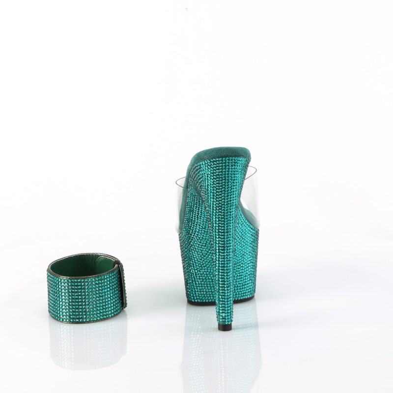Pleaser Bejeweled-712RS Rhinestones Women's Platform Slides Green / Clear | NZ YPMJWK