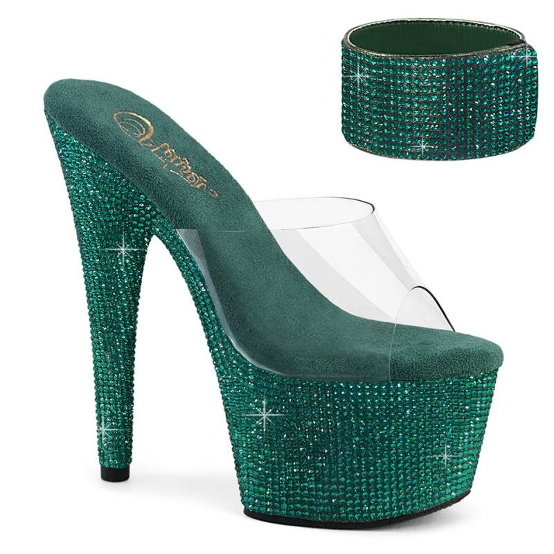 Pleaser Bejeweled-712RS Rhinestones Women\'s Platform Slides Green / Clear | NZ YPMJWK