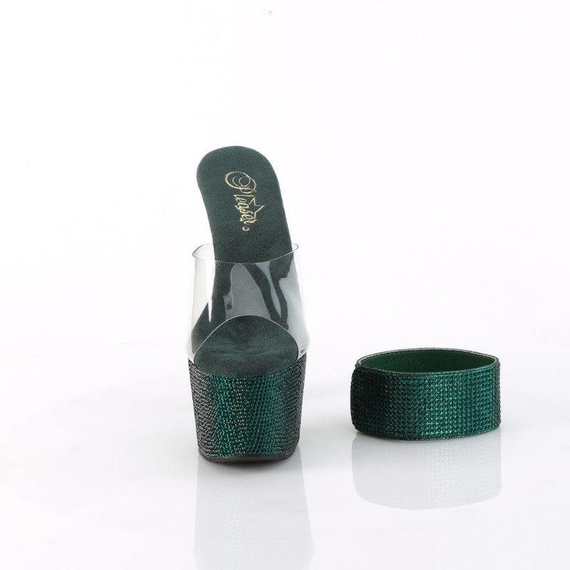 Pleaser Bejeweled-712RS Women's Platform Slides Green / Clear | NZ LACZUR