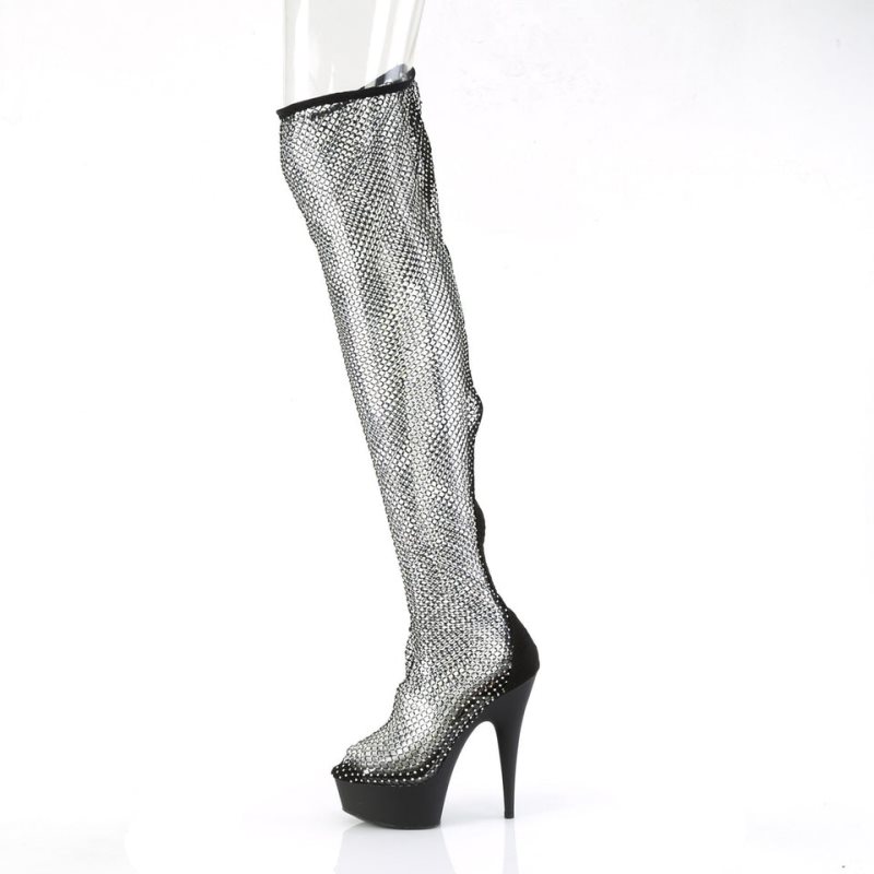 Pleaser Delight-3009 Faux Suede-Rhinestone Mesh Women's Thigh High Boots Black | NZ MPEXZI
