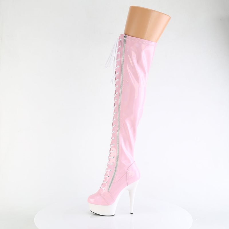 Pleaser Delight-3029 Women's Thigh High Boots Pink / White | NZ NTCJUZ