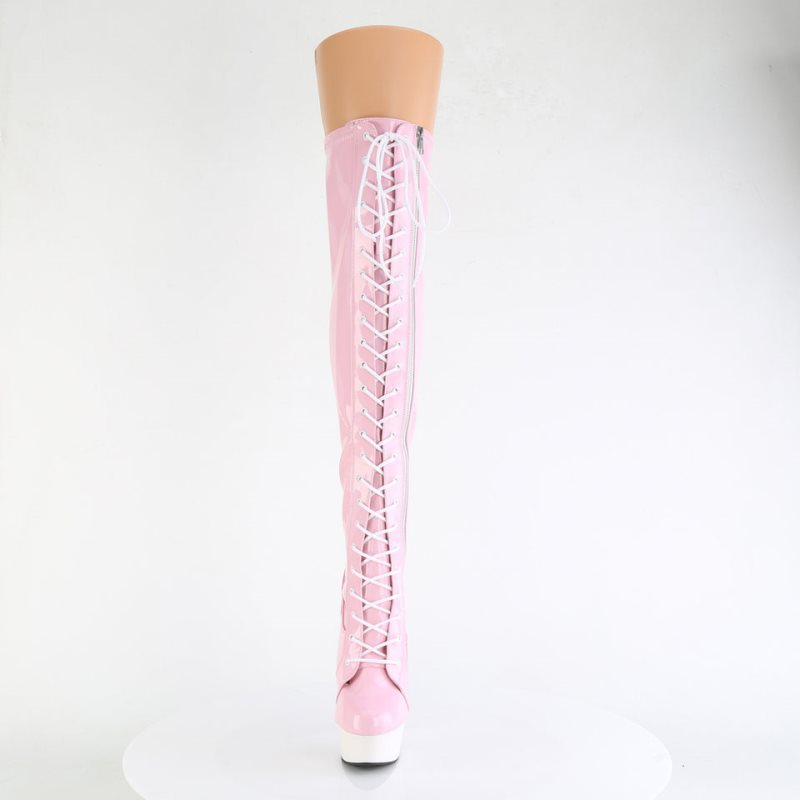 Pleaser Delight-3029 Women's Thigh High Boots Pink / White | NZ NTCJUZ