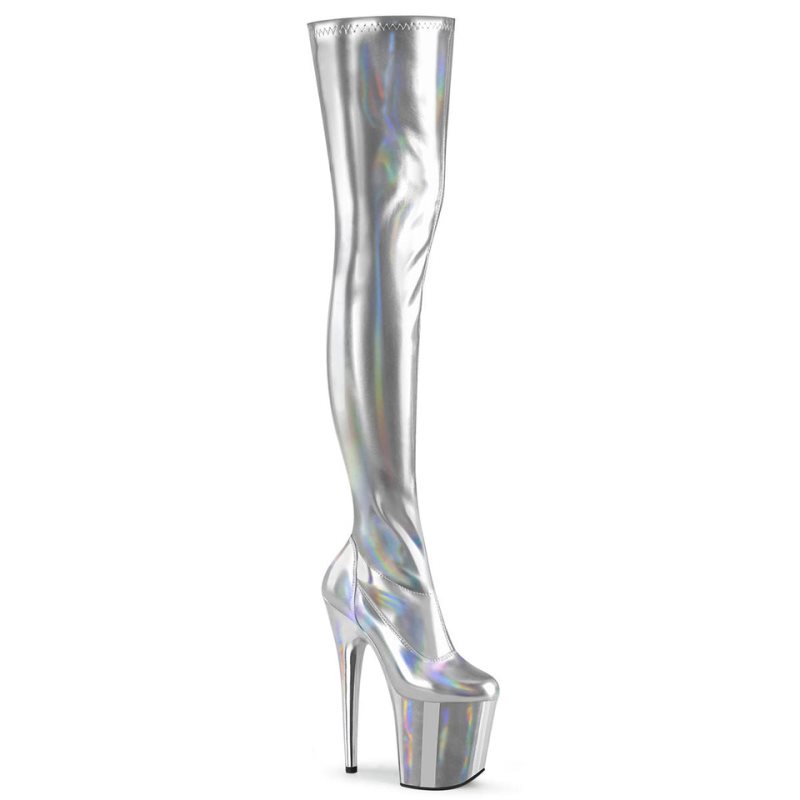 Pleaser Flamingo-3000HWR Women\'s Thigh High Boots Silver | NZ ZYUDRP