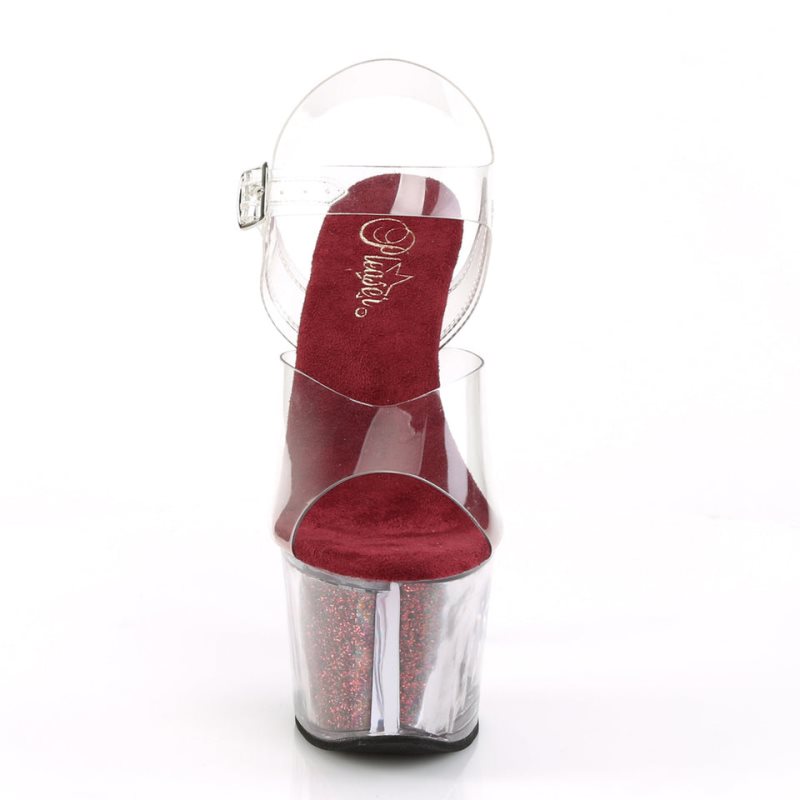 Pleaser Sky-308G-T Women's Platform Heels Sandals Burgundy / Clear | NZ NGQYCA