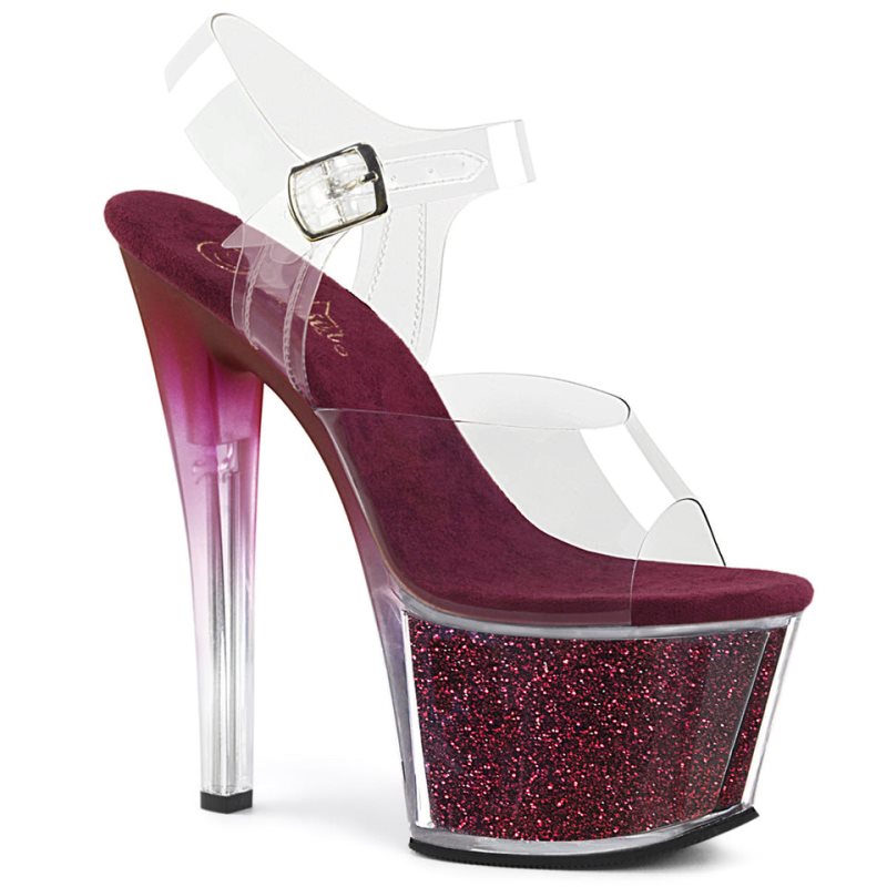 Pleaser Sky-308G-T Women\'s Platform Heels Sandals Burgundy / Clear | NZ NGQYCA