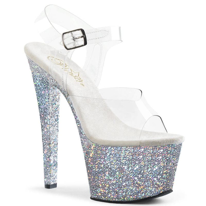 Pleaser Sky-308LG Women\'s Platform Heels Sandals Silver / Clear | NZ DKMYZQ