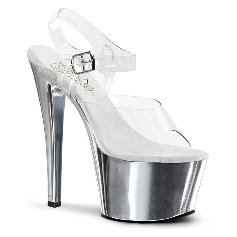 Pleaser Sky-308 Women\'s Platform Heels Sandals Silver / Clear | NZ WOFQND