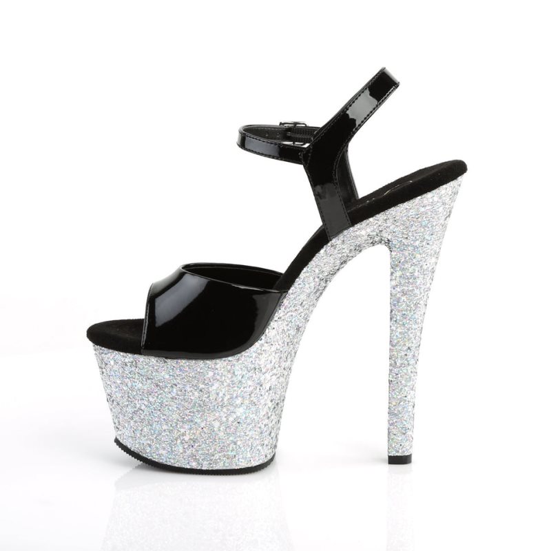 Pleaser Sky-309LG Women's Platform Heels Sandals Black / Silver | NZ PSAKFH
