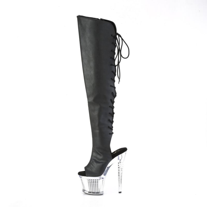 Pleaser Spectator-3019 Faxur Leather Women's Thigh High Boots Black / Clear | NZ AMQCTP